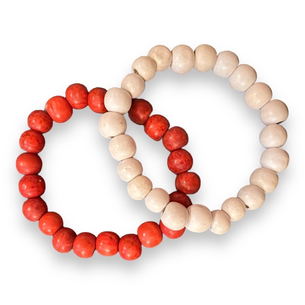 NEW VINTAGE beaded wood stretchy bracelet  SET - Red and White. Incredibly Rare